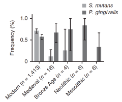Changes in the prevalence of bacteria pathogens Streptococcus mutans and Porphyromonas gingivalis from the Mesolithic to today.
