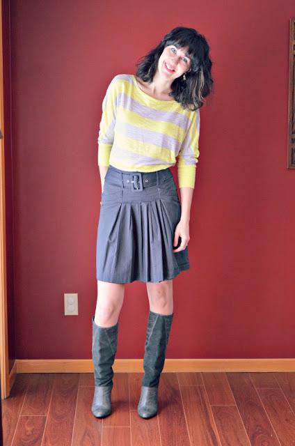 yellow top and gray skirt