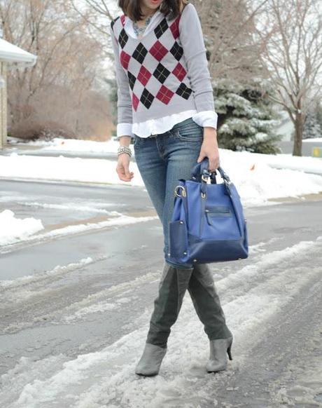 diamond sweater and button down and blue bag