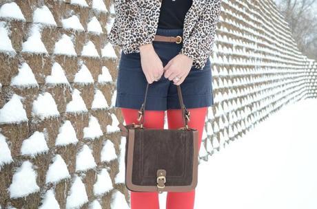 leopard blazer, red tights, brown bag