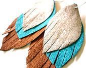 Leather Feather Earrings in silver, turqouise and tan - recycled - HotPinkandSequins Leather Feather Earrings in silver, turqouise and tan - recycled - HotPinkandSequins