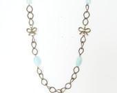 Aqua and Bronze Bow Necklace Vintage Inspired, Vintage Bronze, Blue, Long, Chain - CoolWaterGems Aqua and Bronze Bow Necklace Vintage Inspired, Vintage Bronze, Blue, Long, Chain - CoolWaterGems
