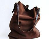 Dark chocolate brown cow split leather tote - BeeChen Dark chocolate brown cow split leather tote - BeeChen