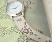 white beige milky leather bracelet wrap around wrist with engraved digits with silver watch face - Free Shipping - petitJuJu white beige milky leather bracelet wrap around wrist with engraved digits with silver watch face - Free Shipping - petitJuJu