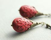 Red Drop Earrings, Red and Black, Cinnabar, Deep Red, Rust Red, Cranberry Red, Etched Teardrop, Beaded Jewelry, Metal Ruffle, Lace Design - apocketofposies Red Drop Earrings, Red and Black, Cinnabar, Deep Red, Rust Red, Cranberry Red, Etched Teardrop, Beaded Jewelry, Metal Ruffle, Lace Design - apocketofposies