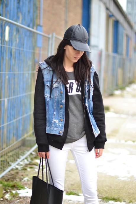winter outfit inspiration white jeans layering