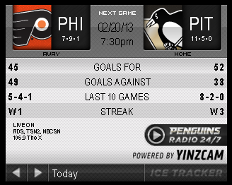 Game 17 : Pengins vs. Flyers : 02.20.13 : Live Game Thread!