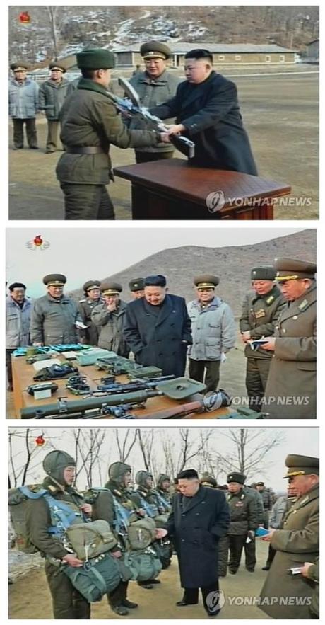 During his inspection of KPA Unit #323 and its 4th Battalion, he presents an automatic rifle (top) to commemorate his field inspection and examines the unit's equipment (bottom images) (Photos: KCTV-Yonhap)