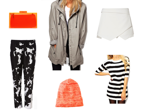Sunday shopping cow print trousers orange beanie perspex parka grey