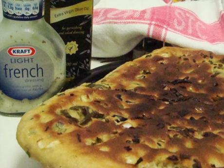 Whole Wheat Foccacia with Olives and Jalapenos and Basil and Happy Tummies