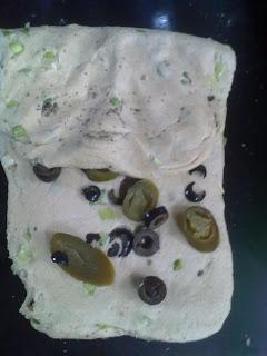Whole Wheat Foccacia with Olives and Jalapenos and Basil and Happy Tummies