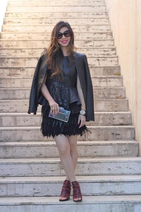 style of sam, elizabeth and james leather blazer, zara pleather peplum top, warehouse feather skirt, balenciaga glove sandals, prada baroque sunglasses, zara lucite clutch, gold flower ring, tom ford aphrodisiac lipstick, valentine's day outfit, forever 21 ribbon and pearl cuff