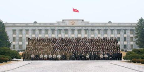 Kim Jong Un poses for a commemorative photograph with personnel involved in the DPRK's nuclear test held on 12 February 2013.  The photo was taken in front of the KWP Central Committee #1 Office Building in central Pyongyang. (Photo: Rodong Sinmun)