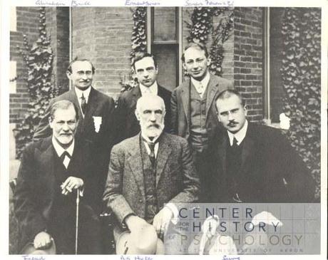 The Psychology Department Histories Collection compliment other CHP collections. For example, this photograph, taken at the Clark Conference in 1909, depicts A.A. Brill, Ernest Jones, and Sandor Ferenczi (back row); Sigmund Freud, G. Stanley Hall, and Carl Jung (front row).]