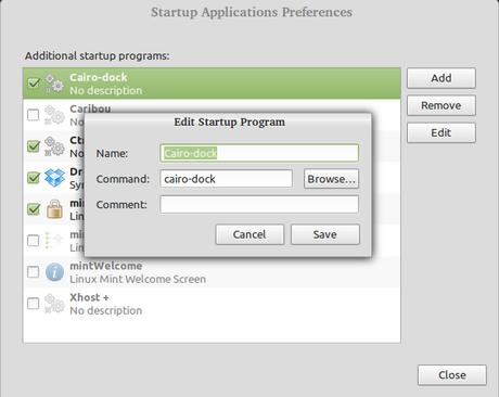 add cairo-dock to startup application list in linux mint