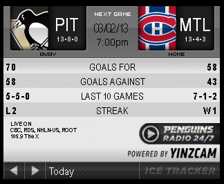 Game 22 : Penguins @ Canadiens : 03.02.13 : Live Game Thread!