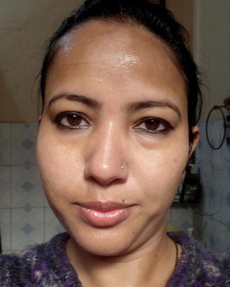 Face after spraying with Omveda Hydrating Face Mist