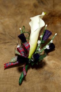 Calla Lilly boutonniere with plaid ribbon