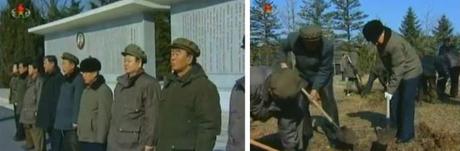 DPRK Premier Choe Yong Rim, KWP Secretary Pak To Chun and other officials (L) attend a meeting prior to planting trees in Pyongyang (R) on 1 March 2013 (Photos: KCTV screengrabs)