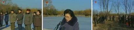 KWP Secretary Choe Thae Bok and Chief Secretary of the Pyongyang City KWP Committee Mun Kyong Dok and other officials (L) attend a Korean Democratic Women's Union tree planting event (R).  KDWU Chairwoman Ro Song Sil (C) delivers a report. (Photos: KCTV screengrabs)