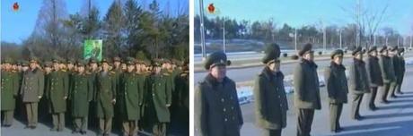 KPA service members and officers (L) and senior KPA officials (R) attend a meeting before planting trees near Ku'msusan Memorial Palace of the Sun (Photo: KCTV screengrabs)