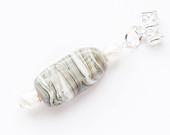 Grey and ivory handmade lampwork glass pendant with freshwater pearls - EmeraldFlameCrafts