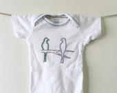 Hand Embroidered two birds on a Branch onesie, 3-6 month onesie, purple, green, teal, turquoise, pink, light blue - MilaandBelle