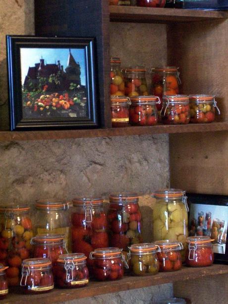 Jarred tomatoes sitting on a shelf at the Château de la Bourdaisière Castle in France