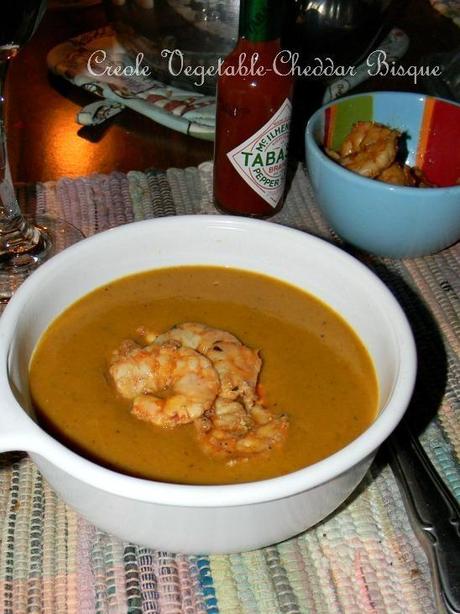 Creole Vegetable-Cheddar Bisque with Roasted Shrimp