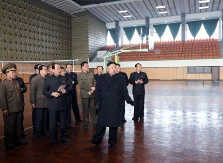 Kim Jong Un (foreground, R) inspects the Basketball Gymnasium in the Chonsgchun Street Sports Village in the Mangyo'ndae District in Pyongyang (Photo: Rodong Sinmun)
