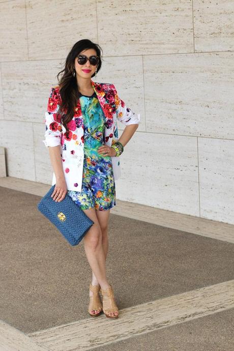 style of sam, prabal gurung for target floral blazer, dana maxx dani villa blouse, dana maxx milly tropicana shorts, dana maxx spring 2013, ann taylor neon earrings and bracelet, stuart weitzman nude sandals, miu miu nappa cristal stage bag clutch, karen walker number one sunglasses, tom ford aphrodisiac lipstick