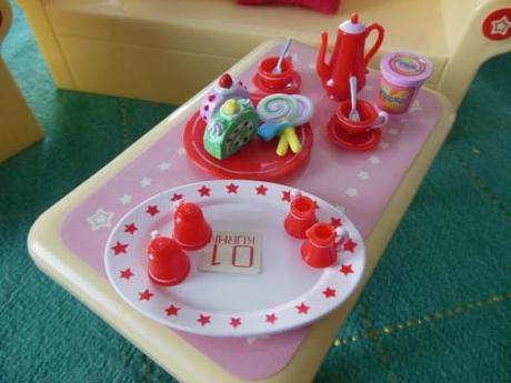 Food pieces on yellow plastic table