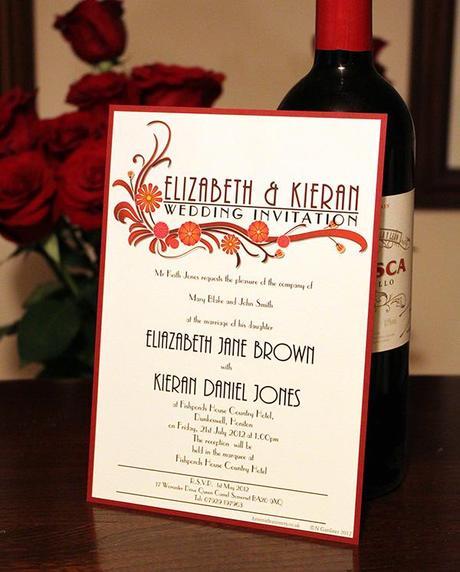 A5 Mounted Invite Sienna floral wedding invitation in red with art deco fonts