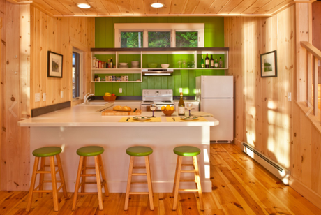 green walls and knotty pine