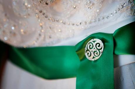 green irish sash on wedding dress