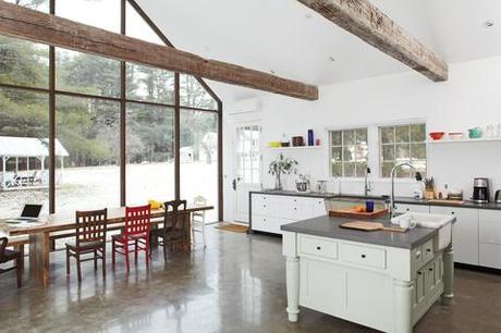 Clean kitchen dining room wooden beams 