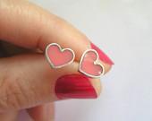 Silver Earrings - Pink Heart Stud Earrings - Sterling Silver and Resin - Valentine - DaliaShamirJewelry