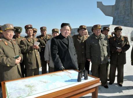 Kim Jong Un (foreground, 4th R) observes live fire artillery exercises in the West (Yellow Sea).  Also seen in attendance is Gen. Kim Yong Chol (L), Gen. Hyon Yong Chol (2nd R) and Gen. Kim Kyok Sik (3rd R) (Photo: Rodong Sinmun)