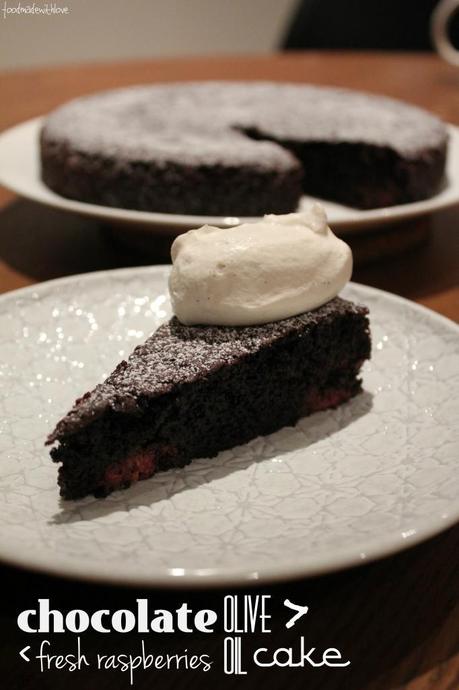 chocolate olive oil cake with raspberries