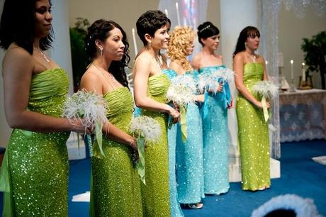 shiny blue and green bridesmaids dresses