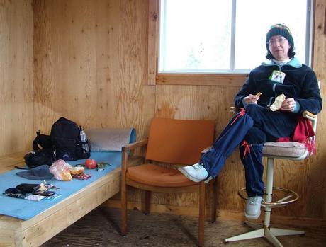 Photo of Jean at the Pinetree shelter on the Leaf Lake ski Trail in Algonquin Park