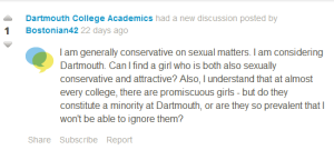 Traditional man inquires about various Slut U's to determine the % of sluts at any given university. Slut majority U's are out of the question, but if the dirty whores are only a minority, he could abide by their loose morals and let it slide.