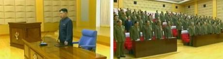 Kim Jong Un (L) concludes an expanded meeting of the Party Central Military Commission (R) held in early 2012 (Photos: KCTV screengrabs)