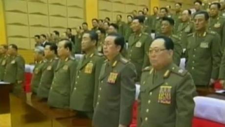 CMC members stand during the 2012 meeting.  In the front row in this image are VMar Kim Yong Chun (R), Jang Song Taek (2nd R), VMar Kim Jong Gak (3rd R), Pak To Chun (4th R), Choe Ryong Hae (5th R) and Ju Kyu Chang (6th R) (Photos: KCTV screengrabs)