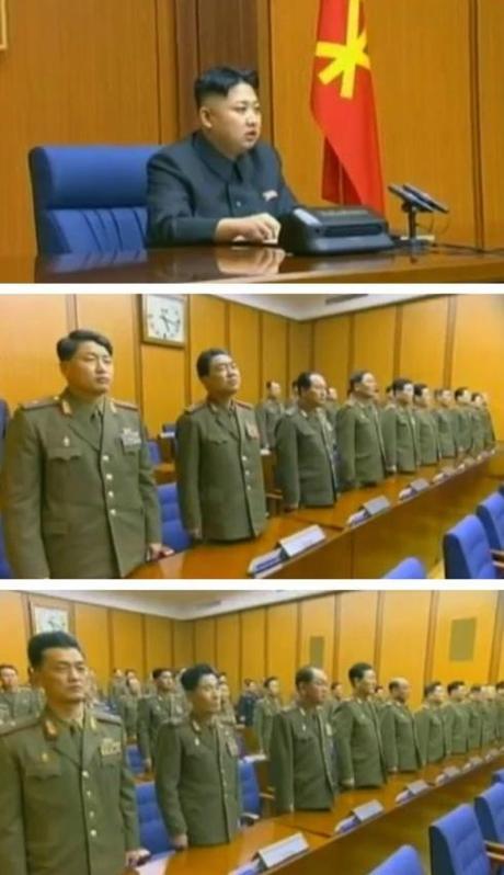 Kim Jong Un chairing the 3 February 2013 expanded CMC meeting (top) and 3rd generation KPA commanders and officials (middle and bottom) (Photos: KCTV screengrabs)