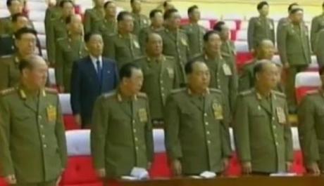 CMC members and senior security officials stand during the 2012 meeting.  In this image in the front row are: Gen. Ri Myong Su (L) Hyon Chol Hae (2nd L),  Choe Kyong Song (3rd L), and Gen. Yun Jong Rin (4th L) (Photos: KCTV screengrabs)