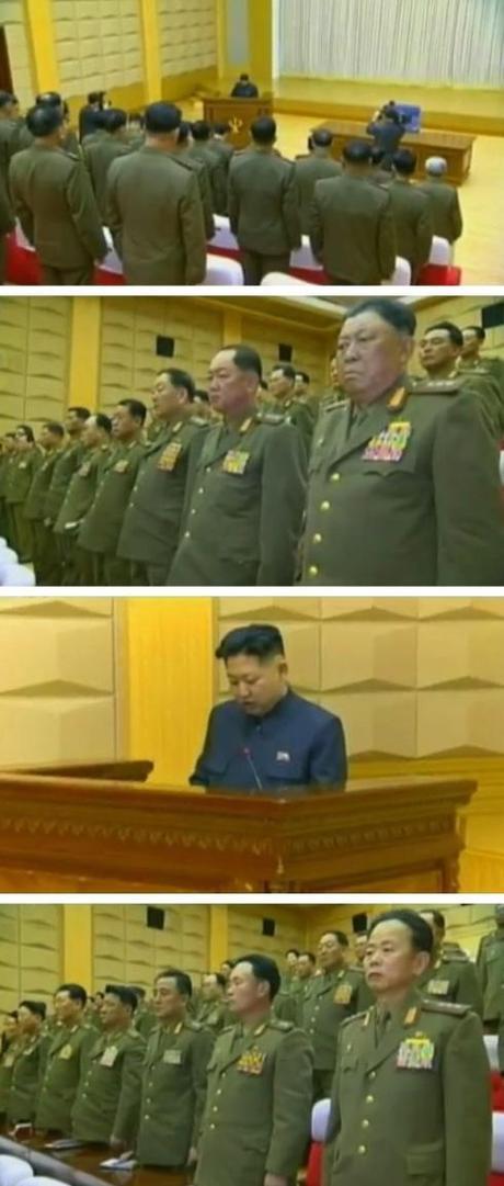 Overview of an expanded Party Central Military Commission meeting held in February or March 2012 with images of Kim Jong Un speaking, and 3rd generation KPA commanders and security officials (Photos: KCTV screengrabs)