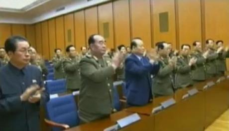CMC members applaud during the meeting.  Among those in the front row in this image are Jang Song Taek (L), Gen. Kim Kyok Sik (2nd L), Pak To Chun (3rd L) and VMar Kim Yong Chun (4th L) (Photos: KCTV screengrabs)
