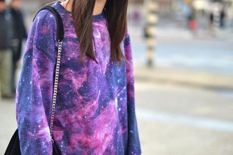 purple pink galaxy print sweater breaking rocks