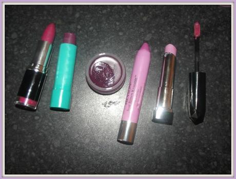 Purple Lipsticks, MUA Shade 2, Baby Lips Purple Vine, The Body Shop Passionberry, Revlon Balm Stain Darling Cherie, Revlon Lip Butter Gumdrop, Rimmel Apocalips Galaxy